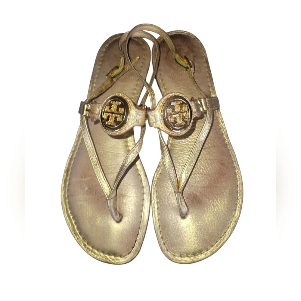 Tory Burch Women's Equestrain Gold Metallic Sumner Thong Flat Leather Sandals 7